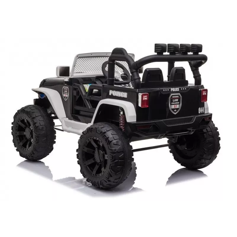 JC666 Coche eléctrico infantil de policía con luces LED, MP3 y mando a distancia blanco