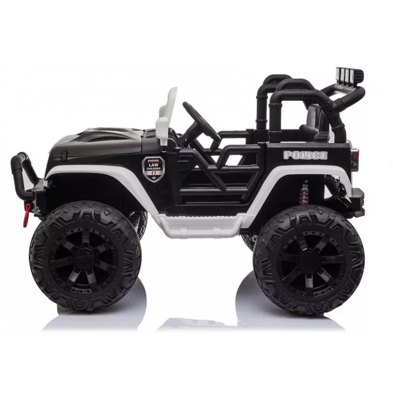 JC666 Coche eléctrico infantil de policía con luces LED, MP3 y mando a distancia blanco