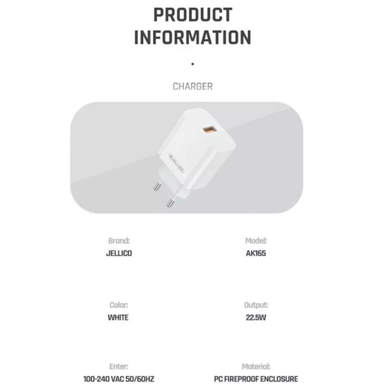 Cargador rápido inteligente USB 22.5W QC 3.0 AK-165 Jellico 1x USB (5-12V) blanco