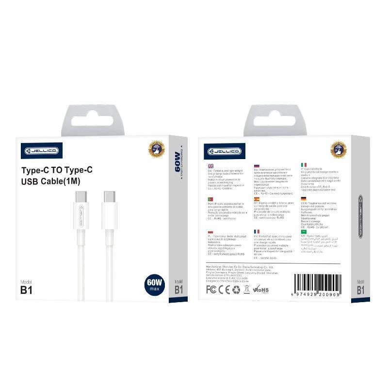 Jellico B1 Cable de datos y carga rápida PD 20W USB-C a USB-C universal duradero y suave 1m blanco