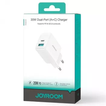 Joyroom Cargador 20W de doble puerto (USB-A + USB-C) enchufe EU blanco