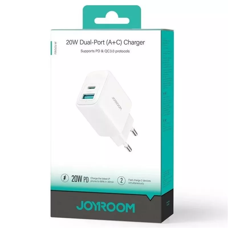 Joyroom Cargador 20W de doble puerto (USB-A + USB-C) enchufe EU blanco