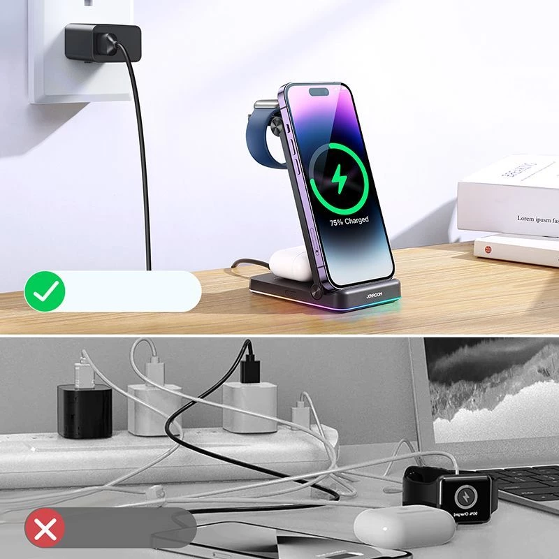 Soporte de carga inalámbrica 3 en 1 Joyroom para iPhone, Apple Watch, AirPods - carga rápida de 15W, negro (JR-WQN01)