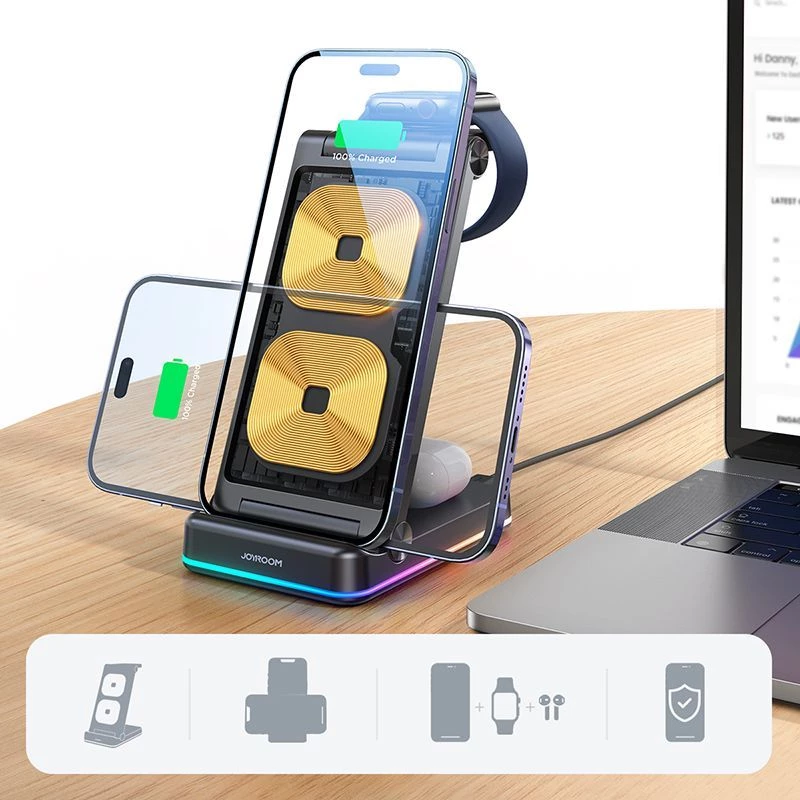 Soporte de carga inalámbrica 3 en 1 Joyroom para iPhone, Apple Watch, AirPods - carga rápida de 15W, negro (JR-WQN01)