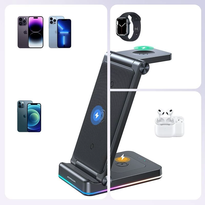 Soporte de carga inalámbrica 3 en 1 Joyroom para iPhone, Apple Watch, AirPods - carga rápida de 15W, negro (JR-WQN01)