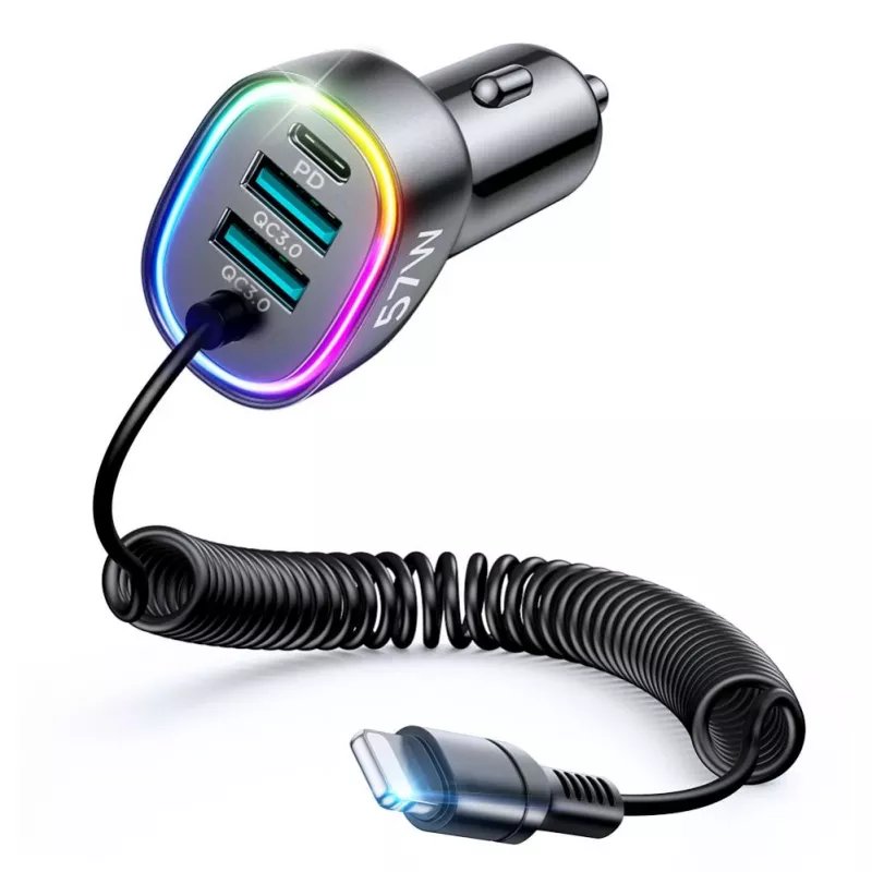 Cargador de coche rápido 4en1 Joyroom PD QC3.0 AFC FCP con cable Lightning 1,6m 57W negro