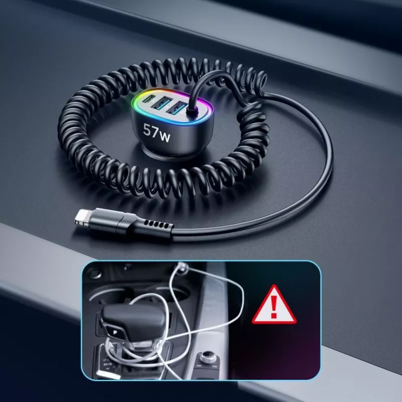 Cargador de coche rápido 4en1 Joyroom PD QC3.0 AFC FCP con cable Lightning 1,6m 57W negro