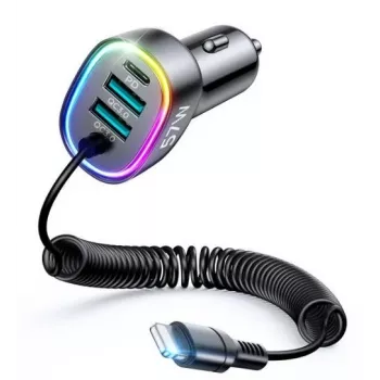 Cargador de coche rápido 4en1 Joyroom PD QC3.0 AFC FCP con cable Lightning 1,6m 57W negro