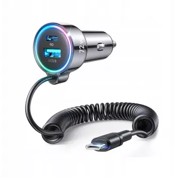 Cargador de coche Joyroom 3-en-1, C+U con cable espiral Type-C 1,6m, 72W, negro (JR-CL07)