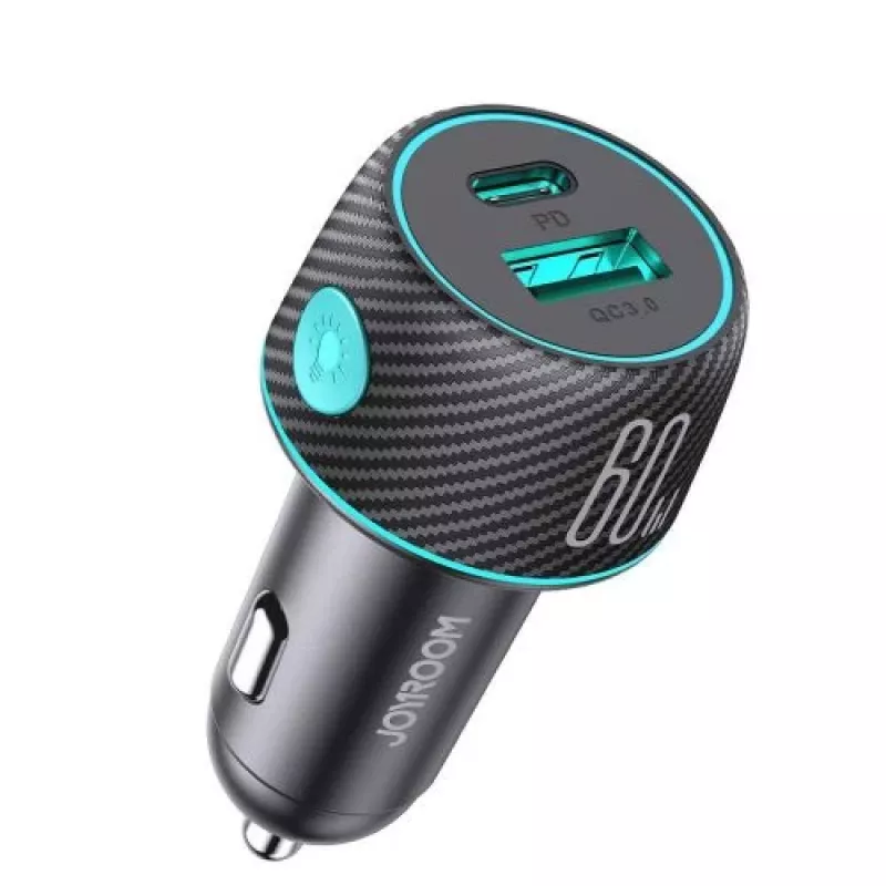Joyroom cargador de coche U+C, QC 3.0, PD, 60W, RGB, negro (JR-CCN01)