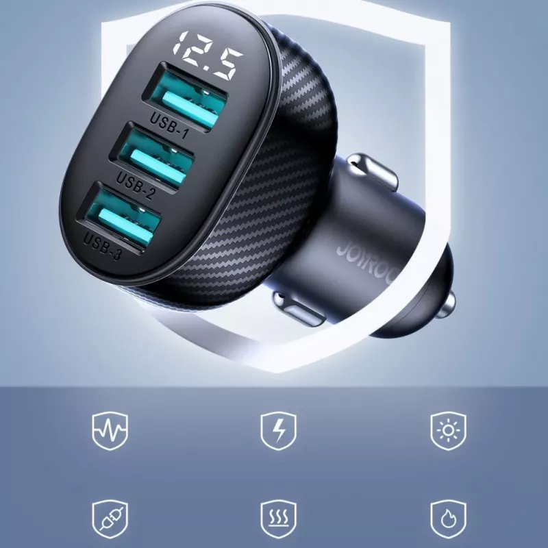 Joyroom JR-CCD03 Cargador de coche con pantalla digital, 3x USB-A, 17W, 3,4A, negro