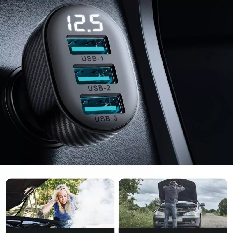 Joyroom JR-CCD03 Cargador de coche con pantalla digital, 3x USB-A, 17W, 3,4A, negro