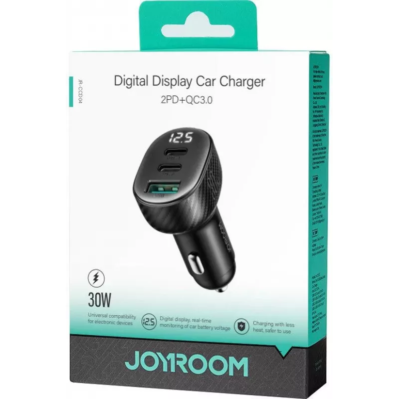 Joyroom JR-CCD04 Cargador de coche 30W 2x USB-C USB-A con pantalla digital - Negro