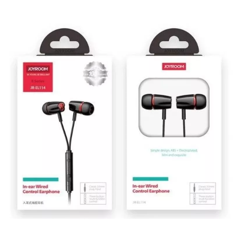 JOYROOM JR-EL114 auriculares in-ear con cable, micrófono y mando, jack 3,5 mm, cable plano antinudos, negro