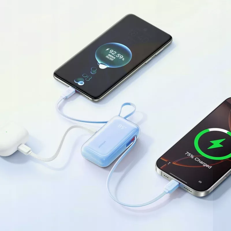 Joyroom JR-PR2L 10000mAh 35W Batería Externa con Pantalla Digital, Cables USB-C y Lightning Extraíbles Integrados (0,7m), Azul