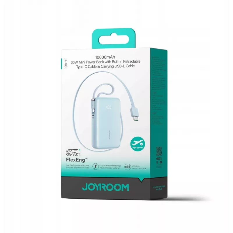 Joyroom JR-PR2L 10000mAh 35W Batería Externa con Pantalla Digital, Cables USB-C y Lightning Extraíbles Integrados (0,7m), Azul