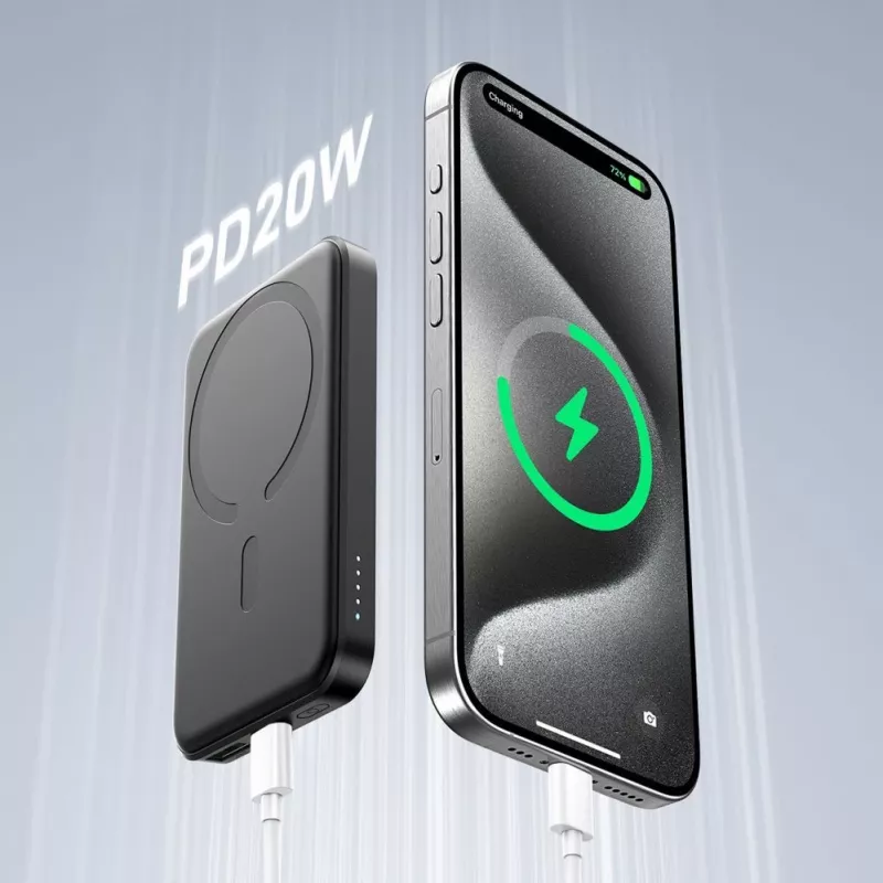 JOYROOM JR-W020 Batería Portátil Mini 5000mAh 20W USB-A USB-C Carga Inalámbrica - Negra + Cable USB-C