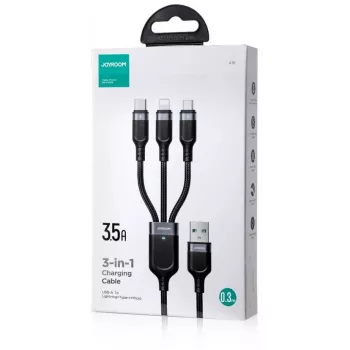JOYROOM S-1T3018A18 Cable de carga múltiple 3 en 1 USB-A a USB-C/Micro-USB/Lightning, 30cm, nailon trenzado, 3.5A, negro