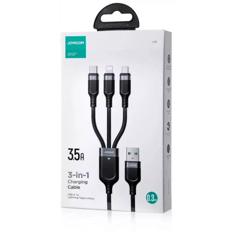 JOYROOM S-1T3018A18 Cable de carga múltiple 3 en 1 USB-A a USB-C/Micro-USB/Lightning, 30cm, nailon trenzado, 3.5A, negro