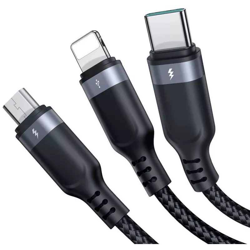 JOYROOM S-1T3018A18 Cable de carga múltiple 3 en 1 USB-A a USB-C/Micro-USB/Lightning, 30cm, nailon trenzado, 3.5A, negro