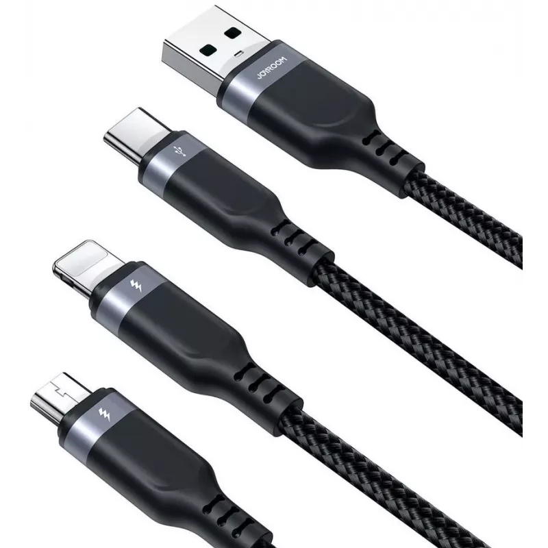 JOYROOM S-1T3018A18 Cable de carga múltiple 3 en 1 USB-A a USB-C/Micro-USB/Lightning, 30cm, nailon trenzado, 3.5A, negro