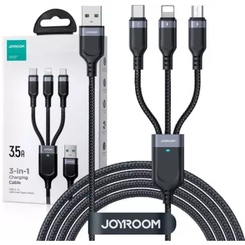 JOYROOM S-1T3018A18 Cable de carga múltiple 3 en 1 USB-A a USB-C/Micro-USB/Lightning, 30cm, nailon trenzado, 3.5A, negro