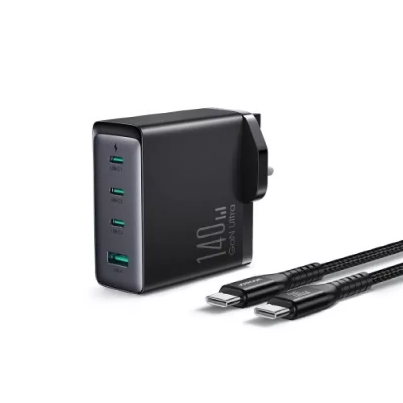 Joyroom Cargador de Viaje GaN Cargador Rápido (UK) C+C+C+U, 140W, con Cable Type-C a Type-C, PD 240W (1,2m) Negro