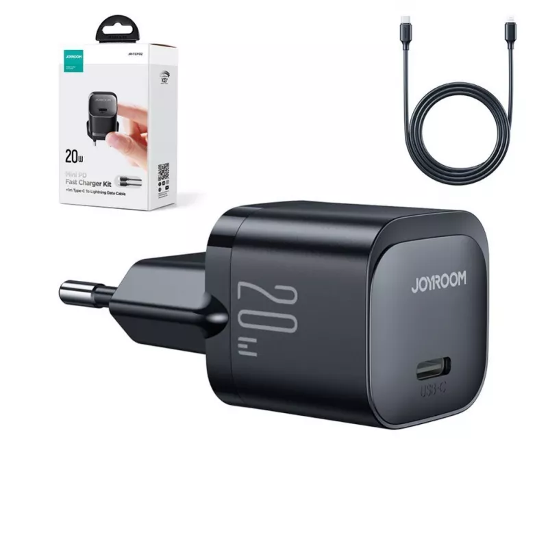 Joyroom cargador mini USB-C 20W PD con cable USB-C a Lightning - negro