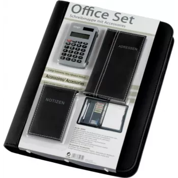 JÜSCHA Alassio set de oficina carpeta de anillas A4 negra piel sintética con mecanismo de 4 anillas, 7 compartimentos para tarjetas de visita, cremallera, bloc de notas y calculadora 30060