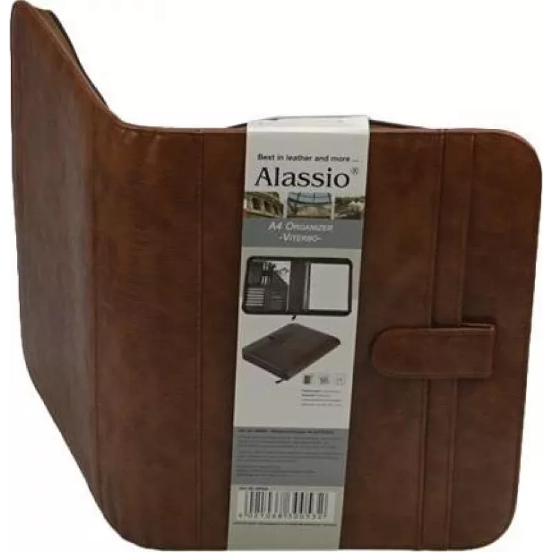 JÜSCHA Alassio VITERBO carpeta de documentos con cremallera, piel sintética, marrón, A4, 2 trabillas para bolígrafos, 4 compartimentos para tarjetas, 2 compartimentos para documentos, compartimento para calculadora, compartimento para bloc de notas, resistente a salpicaduras (30053)