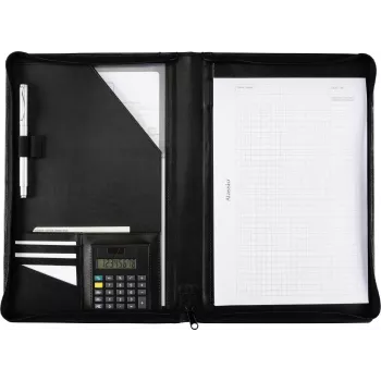 JÜSCHA Alassio carpeta de documentos con cremallera A4 piel sintética negra con archivador de 4 anillas y calculadora 30056