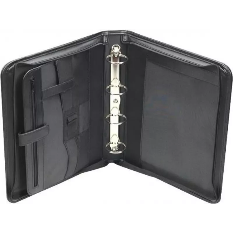 JÜSCHA RIMINI carpeta de conferencia con cremallera A4 piel sintética negra con compartimento para bloc, tarjeteros, trabilla para bolígrafo, bolsa para smartphone