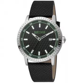 JUST CAVALLI Reloj de hombre de cuarzo analógico JC1G216L0025 42mm caja de acero inoxidable correa de piel negra