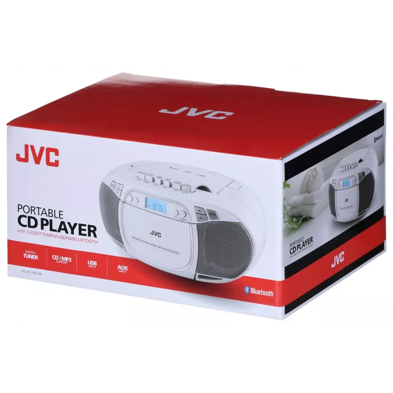 Reproductor de CD portátil JVC RC-E451W con radio FM/AM, entrada AUX, Bass Boost, blanco