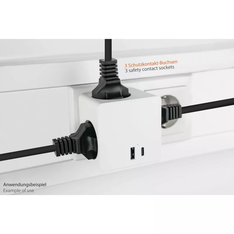 KABELMEISTER Regleta con 3 tomas Schutzkontakt, USB-C 20W PD 3.0 y USB-A 18W, 1,5 m, blanco