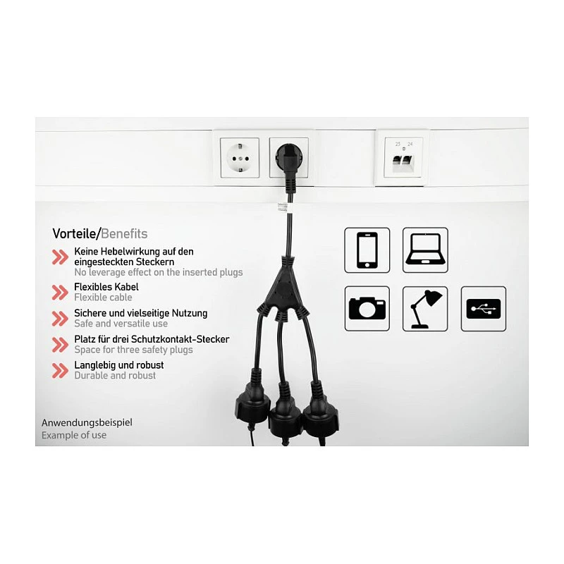 Kabelmeister SK0103-S002 regleta de 3 tomas Schuko, conector acodado 90°, cable de 0,2 m, negra