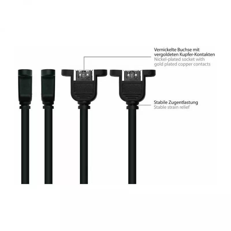 Kabelmeister cable alargador USB 2.0, Type-A conector macho a Type-A conector hembra panel-mount, 1 m, negro