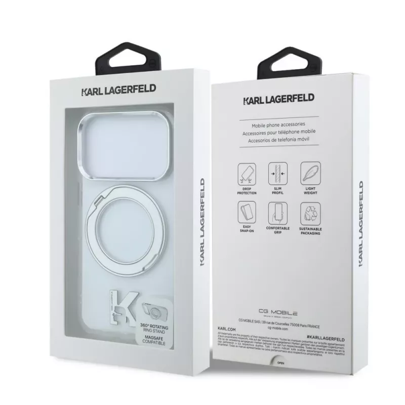 Funda MagSafe Karl Lagerfeld IML Ring Stand 360 Kameo Metal para iPhone 18 Pro / 17 Pro - transparente
