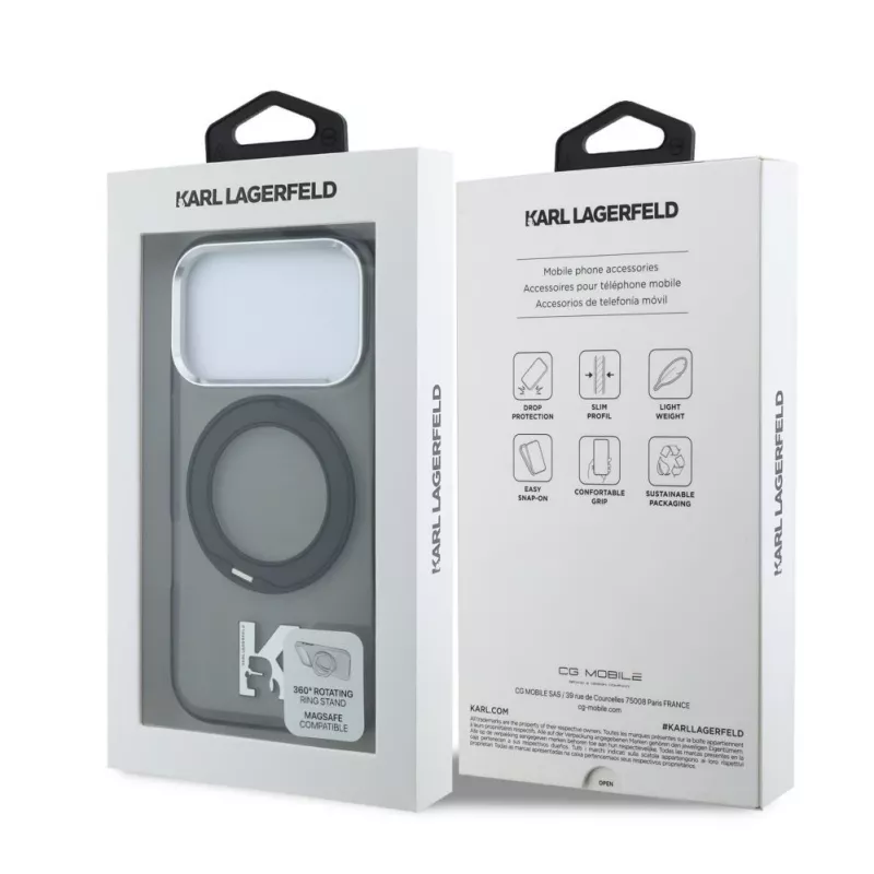 Karl Lagerfeld IML Ring Stand 360 Kameo Metal Funda MagSafe para iPhone 18 Pro Max / 17 Pro Max - Negra