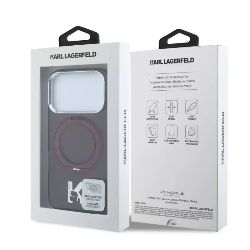 Karl Lagerfeld IML Ring Stand 360 Kameo Metal Funda MagSafe para iPhone 18 Pro Max / 17 Pro Max Burgundy