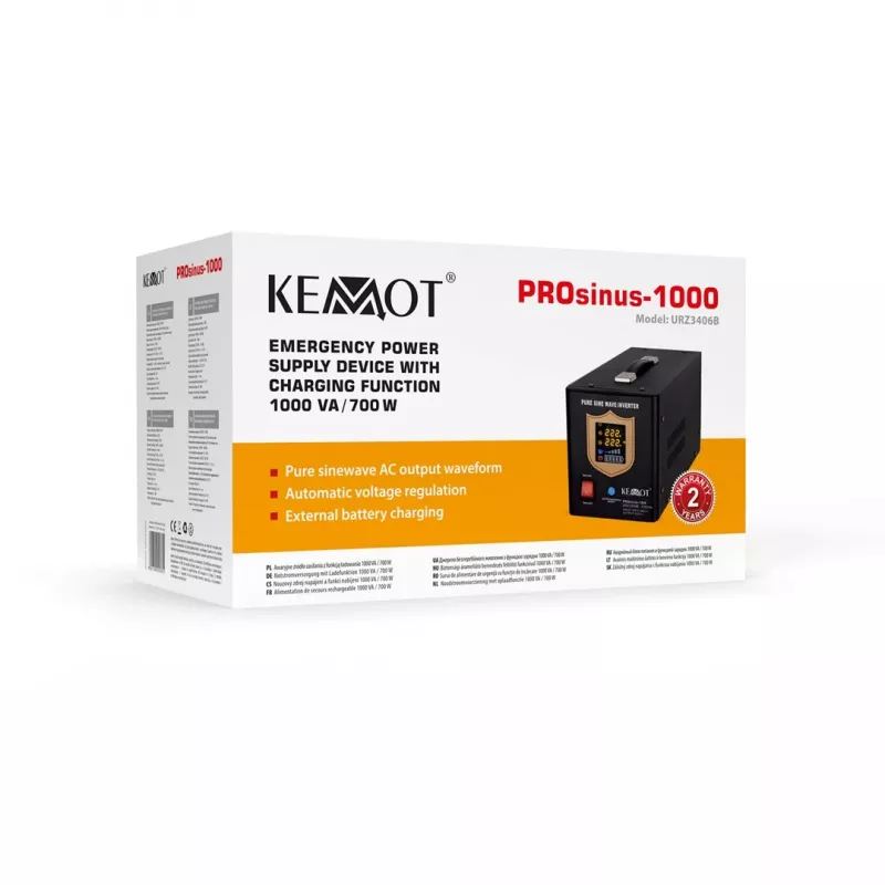 KEMOT PROsinus-1000 inversor de onda sinusoidal pura con función de carga, 12V 230V 1000VA/700W, negro