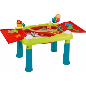 KETER Creative Fun Table Turquesa/Rojo – Mesa de juego y actividad infantil 2 en 1 con tablero reversible, taburete, accesorios de dibujo y construcción