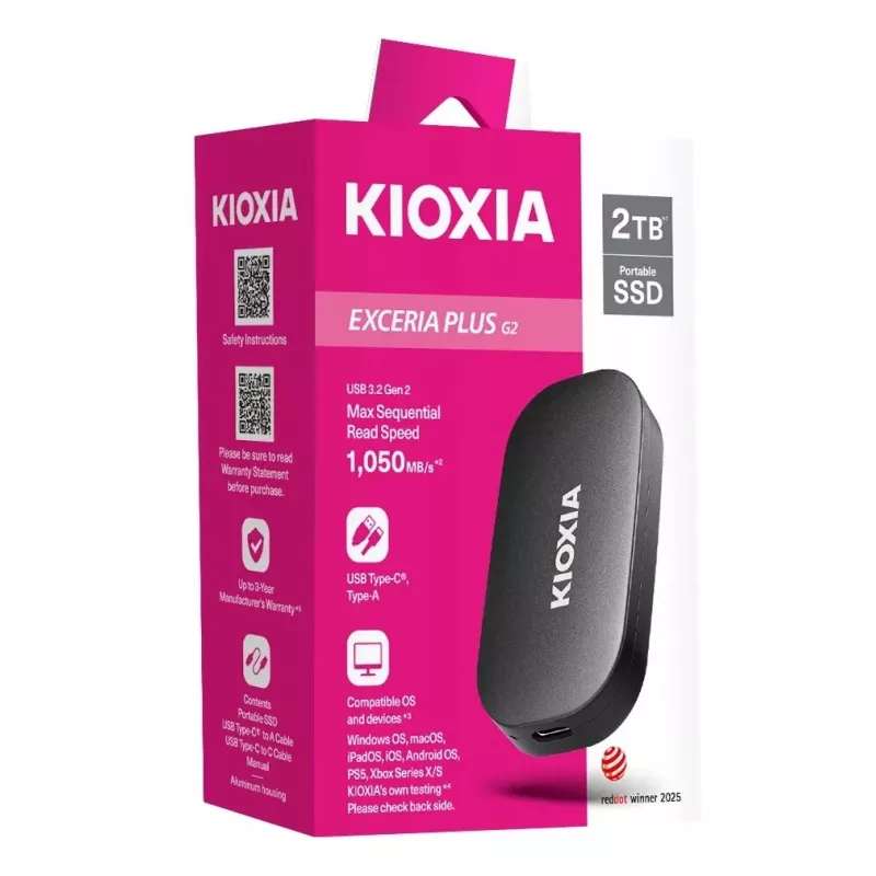 KIOXIA EXCERIA PLUS G2 500GB SSD externa portátil USB 3.2 Gen 2 USB-C cifrado por hardware AES de 256 bits TCG Opal 2.01