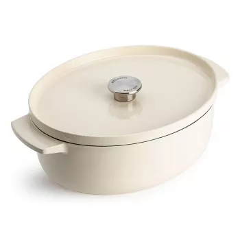 KitchenAid Asadora de hierro fundido con tapa 30 cm, ovalada, crema de almendra