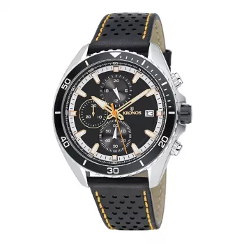 KRONOS Reloj para hombre K005.55.19 - 46,5 mm Caja de acero inoxidable, correa de piel negra, cuarzo analógico