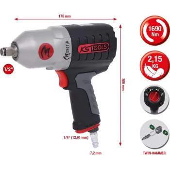 KS TOOLS llave de impacto neumática de alto rendimiento MONSTER de 1/2 pulgadas, 1690 Nm (515.1210)