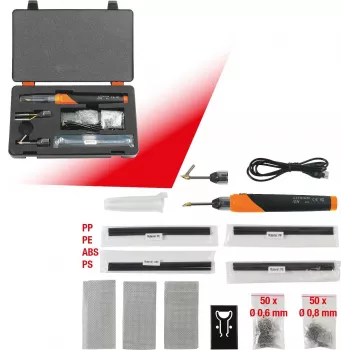 KS TOOLS 150.1010 set de reparación de plástico a batería, 134 piezas, grapadora de 3,7V Li-Ion con 200 grapas de acero inoxidable, 450°C, maletín de almacenamiento