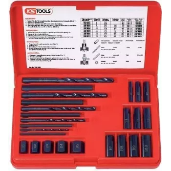KS TOOLS Set de 25 extractores de tornillos, extractores a izquierdas HSS, M3-M18, con brocas helicoidales y guías de taladro (150.1305)