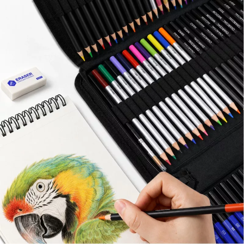 LEAN Set de dibujo y boceto, set completo de 74 piezas con lápices de grafito, lápices de colores, pasteles al óleo, carboncillo y estuche con cremallera