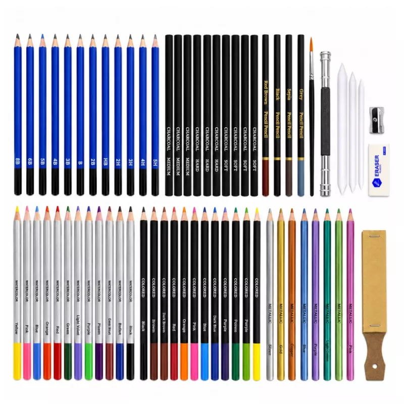 LEAN Set de dibujo y boceto, set completo de 74 piezas con lápices de grafito, lápices de colores, pasteles al óleo, carboncillo y estuche con cremallera